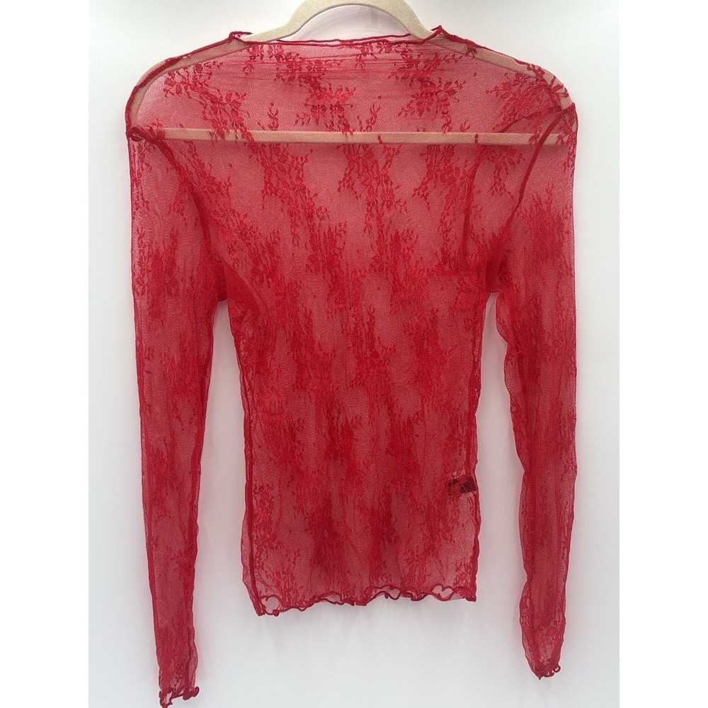 MEROKEETY Red Sheer Lace Top Long Sleeve Y2K Mesh Stretch Fitted‎ Size M